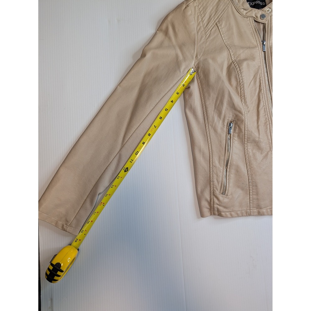 Express Womens Tan Faux Leather Moto Jacket Quilted Shoulder‎ Beige Large 90170 - Picture 8 of 12